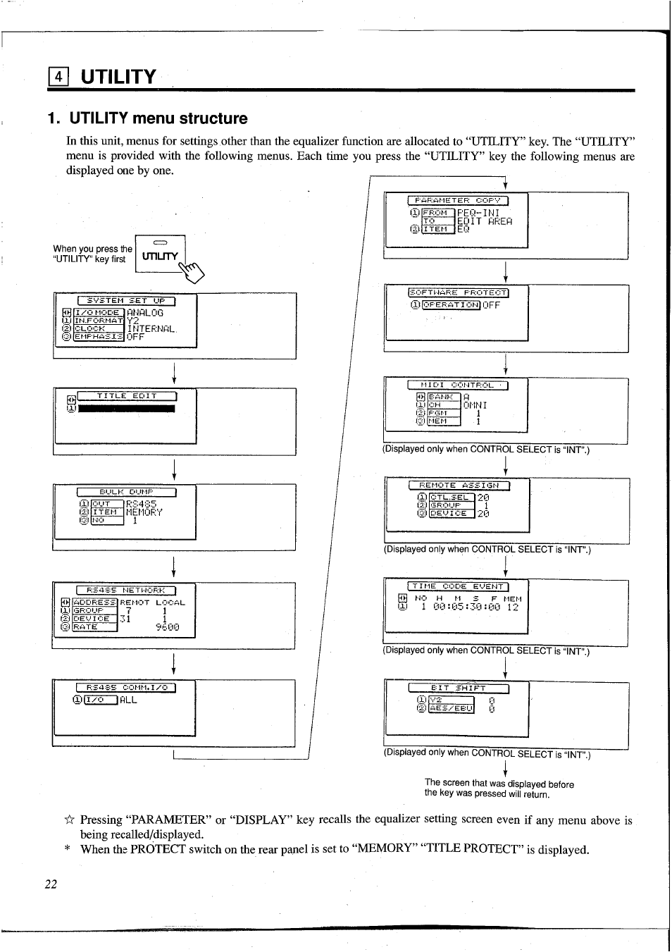 H] utility, Utility menu structure, E utility | Yamaha DEQ5 User Manual | Page 28 / 191