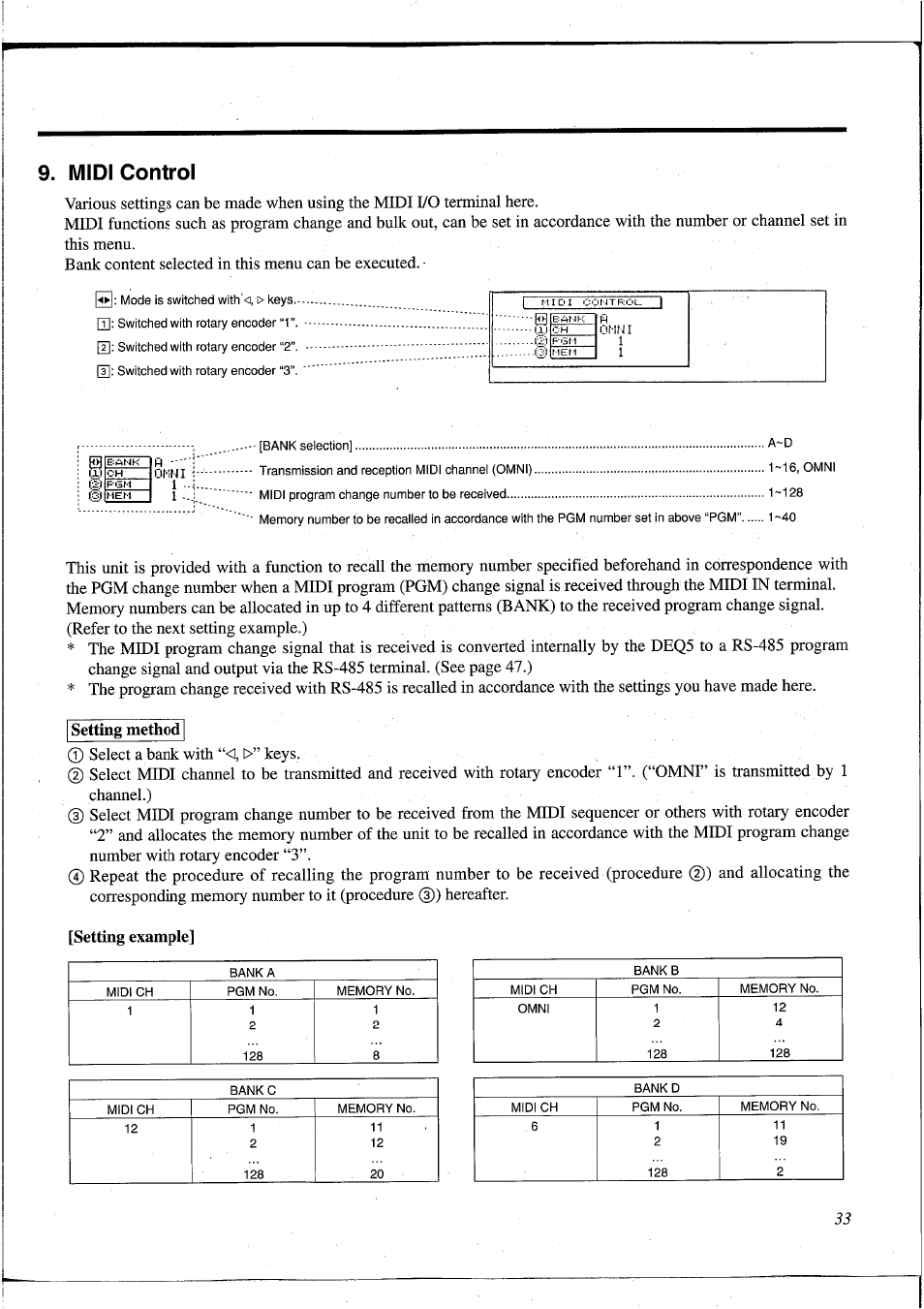 Midi control, Setting method, Setting example | Various settings can be made when using the midi, J) select a bank with “<i, t>” keys | Yamaha DEQ5 User Manual | Page 39 / 191