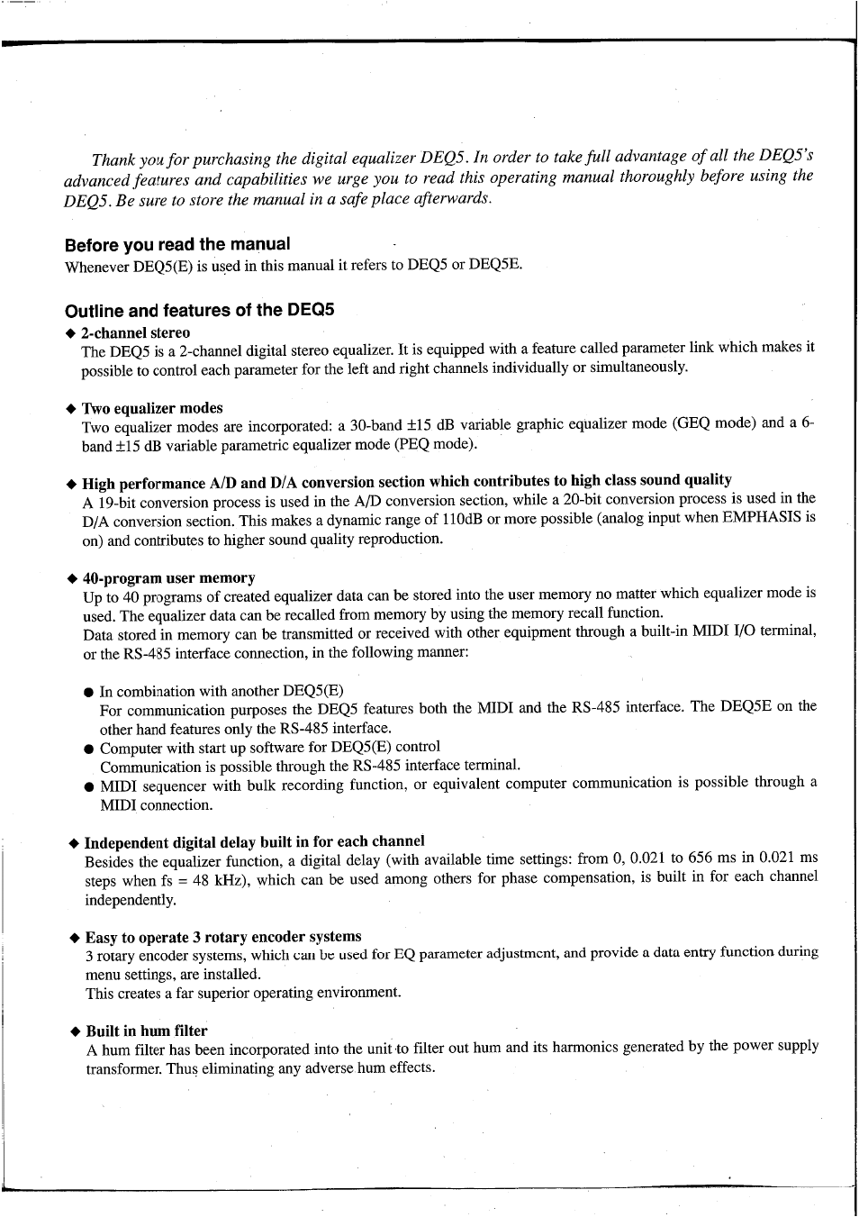 Two equalizer modes, Program user memory, Easy to operate 3 rotary encoder systems | Built in hum filter | Yamaha DEQ5 User Manual | Page 4 / 191