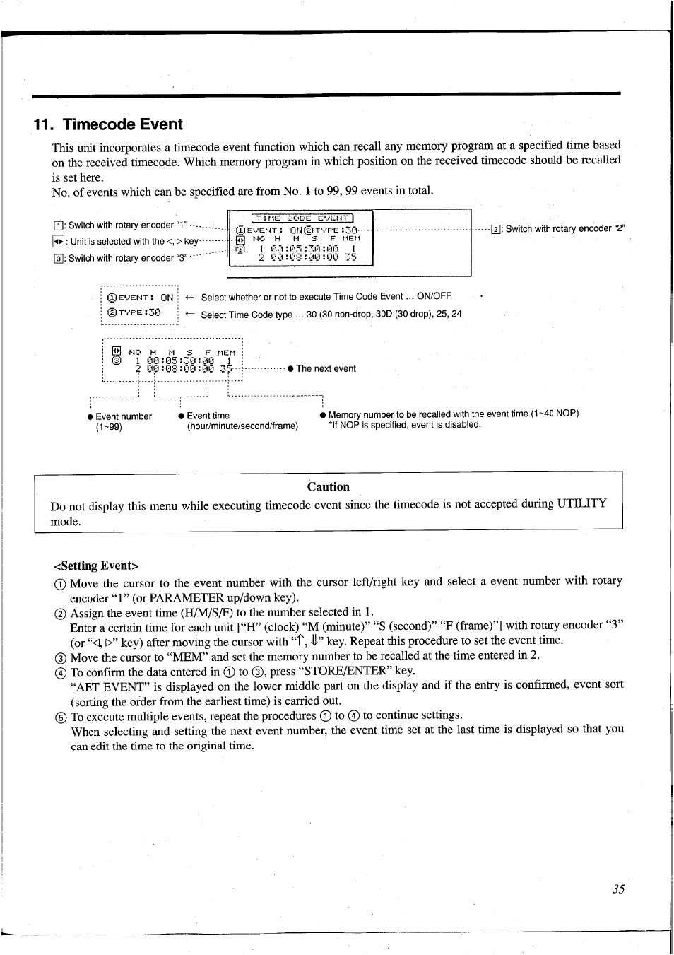 Timecode event, Caution, Setting event | I) event; on | Yamaha DEQ5 User Manual | Page 41 / 191