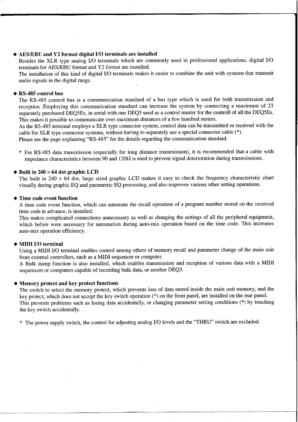 Rs-485 control bus, Built in 240 x 64 dot graphic lcd, Time code event function | Midi i/o terminal, Memory protect and key protect functions | Yamaha DEQ5 User Manual | Page 5 / 191