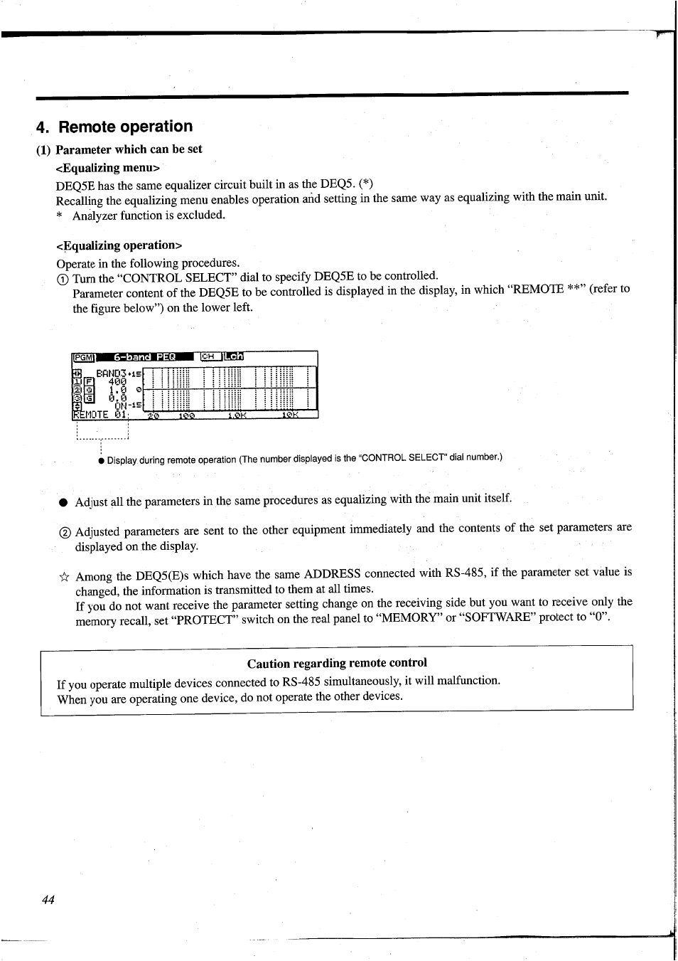 Remote operation, Equalizing operation, Caution regarding remote control | Yamaha DEQ5 User Manual | Page 50 / 191