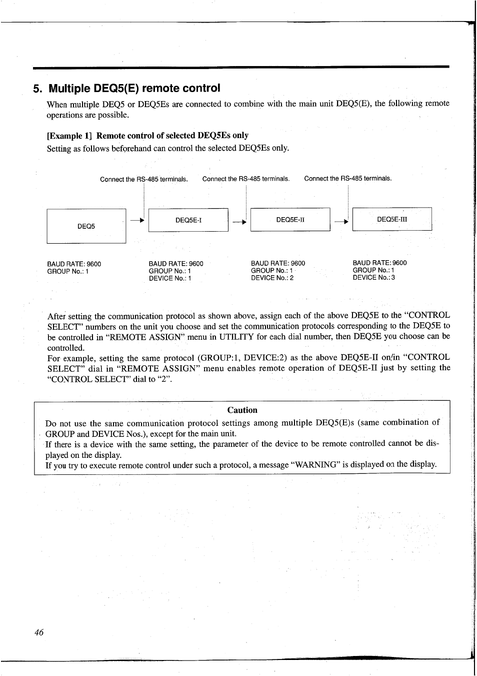 Multiple deq5(e) remote control, Example 1] remote control of selected deqses only, Caution | Yamaha DEQ5 User Manual | Page 52 / 191