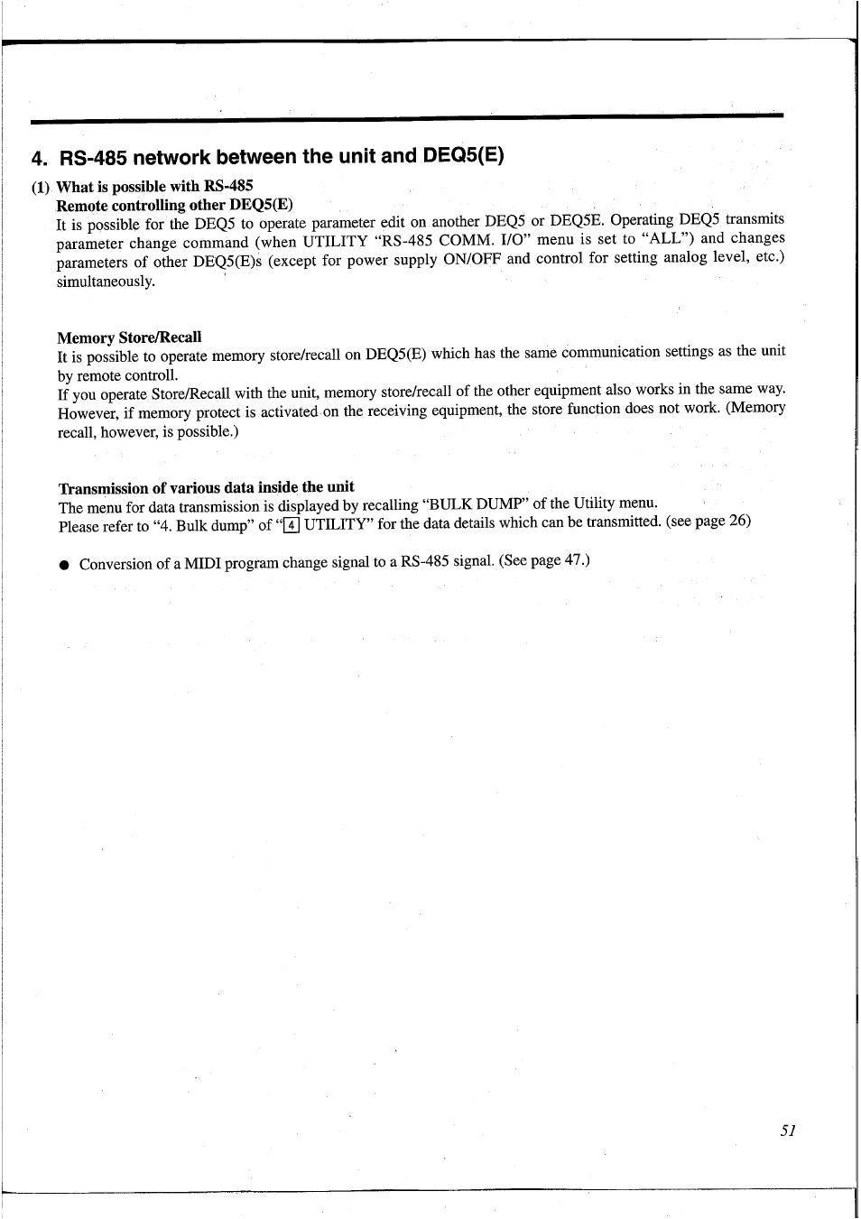 Rs-485 network between the unit and deq5(e), Memory store/recall, Transmission of various data inside the unit | Yamaha DEQ5 User Manual | Page 57 / 191