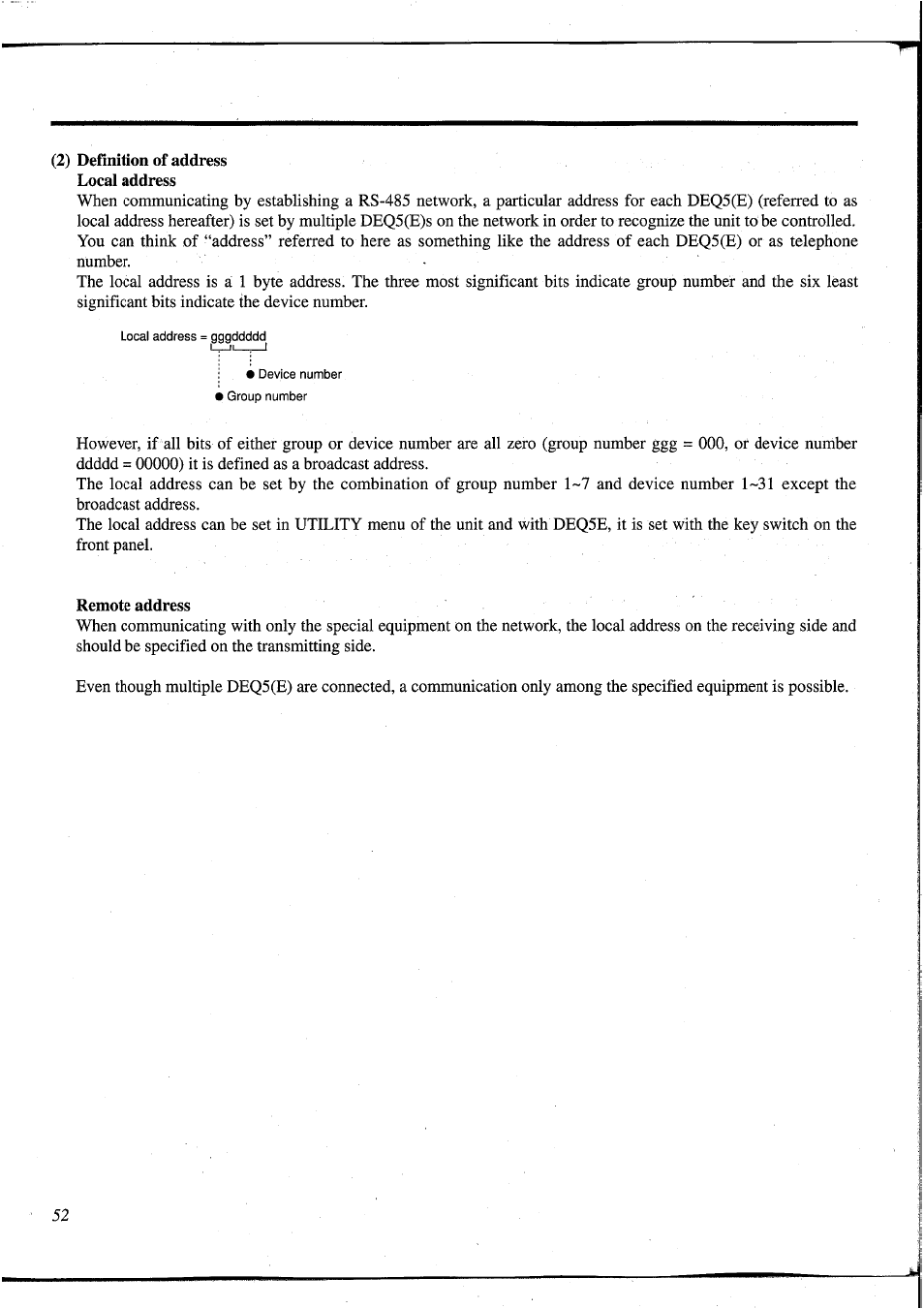 2) definition of address local address, Remote address | Yamaha DEQ5 User Manual | Page 58 / 191