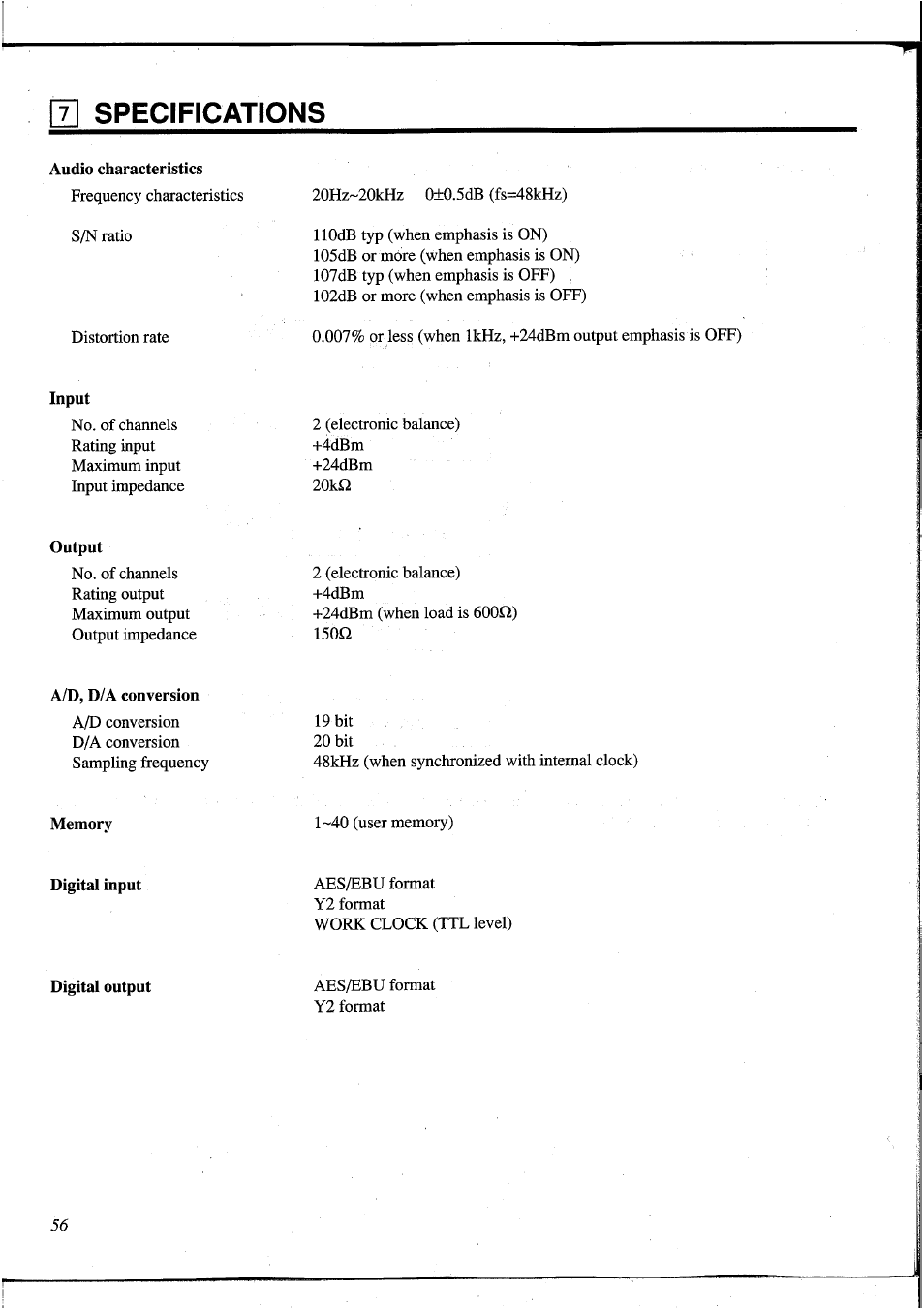 Input, Output, A/d, d/a conversion | Memory, Digital input, Digital output, H specifications | Yamaha DEQ5 User Manual | Page 62 / 191