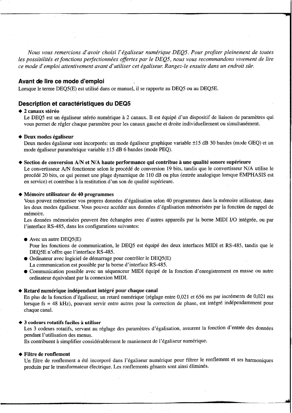 Deux modes égaliseur, Mémoire utilisateur de 40 programmes, 3 codeurs rotatifs faciles à utiliser | Filtre de ronflement | Yamaha DEQ5 User Manual | Page 65 / 191