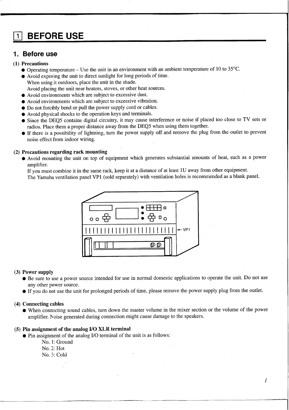 Q] before use, Before use, 2) precautions regarding rack mounting | 3) power supply, 4) connecting cables, 5) pin assignment of the analog i/o xlr terminal | Yamaha DEQ5 User Manual | Page 7 / 191