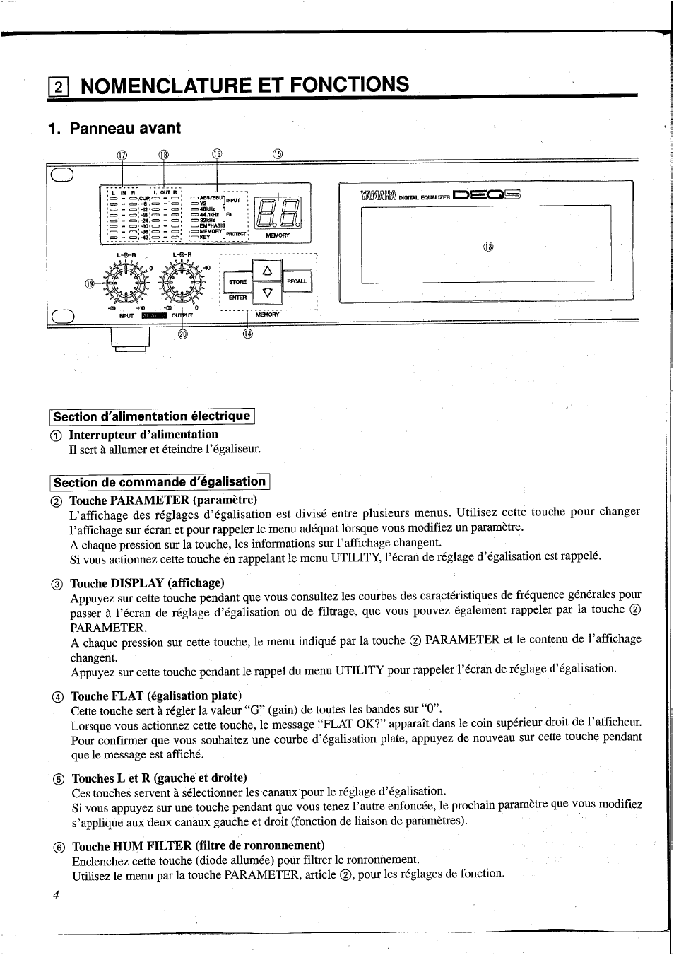 Nomenclature et fonctions, Panneau avant, Touche display (affichage) | Touche flat (égalisation plate), M nomenclature et fonctions | Yamaha DEQ5 User Manual | Page 71 / 191