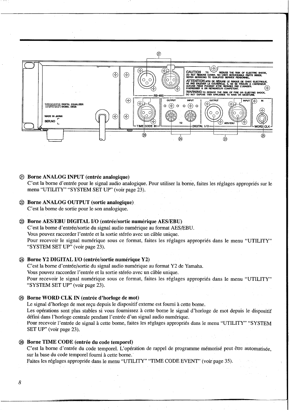 Borne analog input (entrée analogique), Borne analog output (sortie analogique), Borne y2 digital i/o (entrée/sortie numérique y2) | Borne word clk in (entrée d’horloge de mot), Borne time code (entrée du code temporel) | Yamaha DEQ5 User Manual | Page 75 / 191