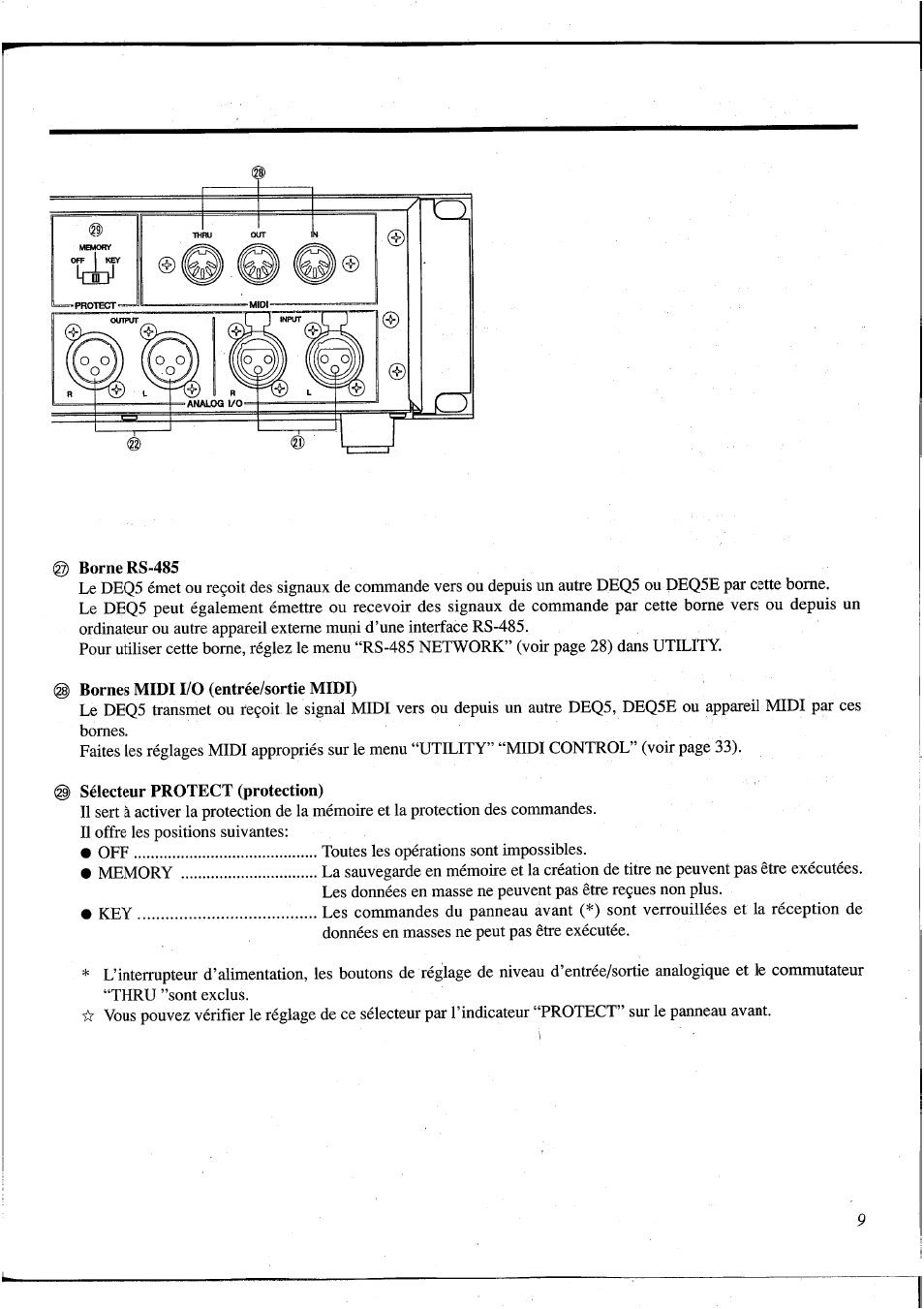 Borne rs-485, Bornes midi i/o (entrée/sortie midi), Sélecteur protect (protection) | Yamaha DEQ5 User Manual | Page 76 / 191