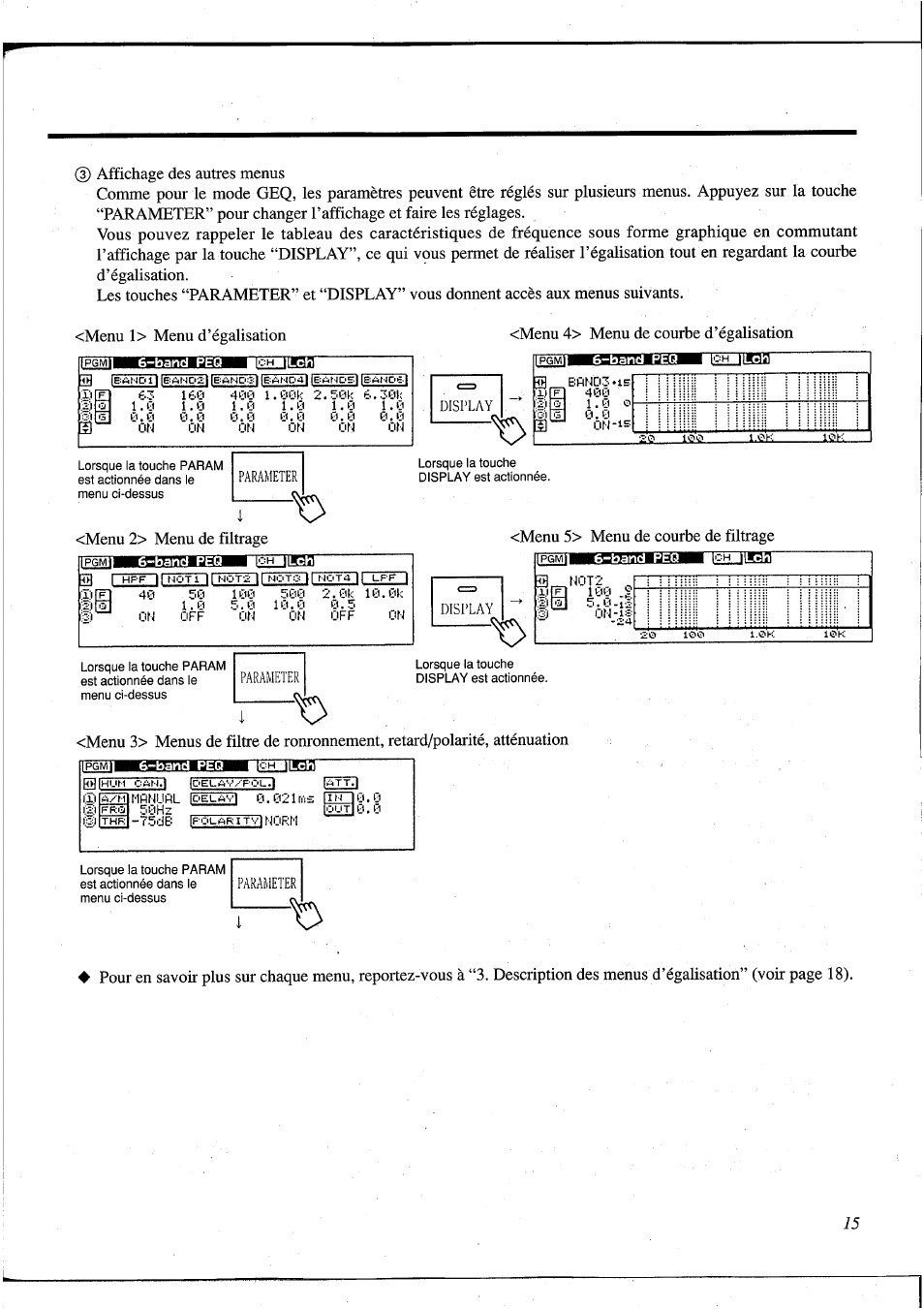 Menu 4> menu de courbe d’égalisation ich' икая, I g k, Parameter | Menu 2> menu de filtrage ôh, Menu 5> menu de courbe de filtrage | Yamaha DEQ5 User Manual | Page 82 / 191