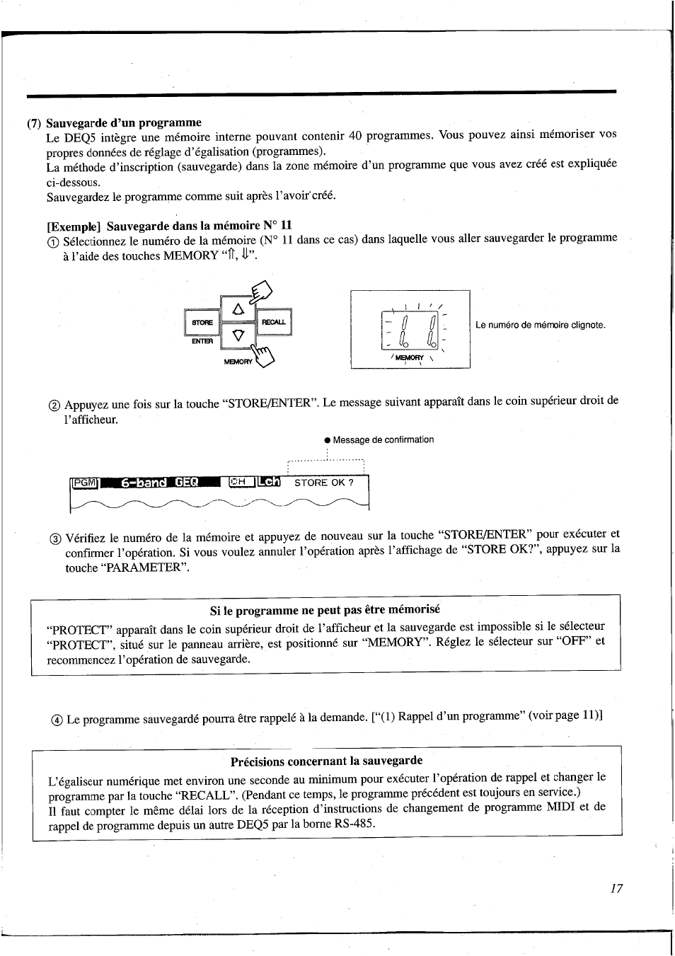 7) sauvegarde d’un programme, Exemple] sauvegarde dans la mémoire № 11, Si le programme ne peut pas être mémorisé | Précisions concernant la sauvegarde | Yamaha DEQ5 User Manual | Page 84 / 191