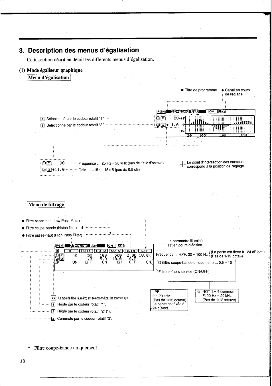 Description des menus d’égaiisation, 1) mode égaliseur graphique, Menu de filtrage | Mode égaliseur graphique), Description des menus d’égalisation, Till, 1'ill 1, E1 s0, E] ¡50 | Yamaha DEQ5 User Manual | Page 85 / 191