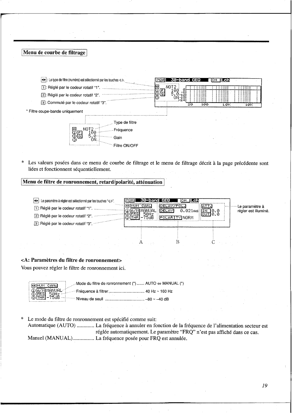 Menu de courbe de filtrage, A: paramètres du filtre de ronronnement | Yamaha DEQ5 User Manual | Page 86 / 191