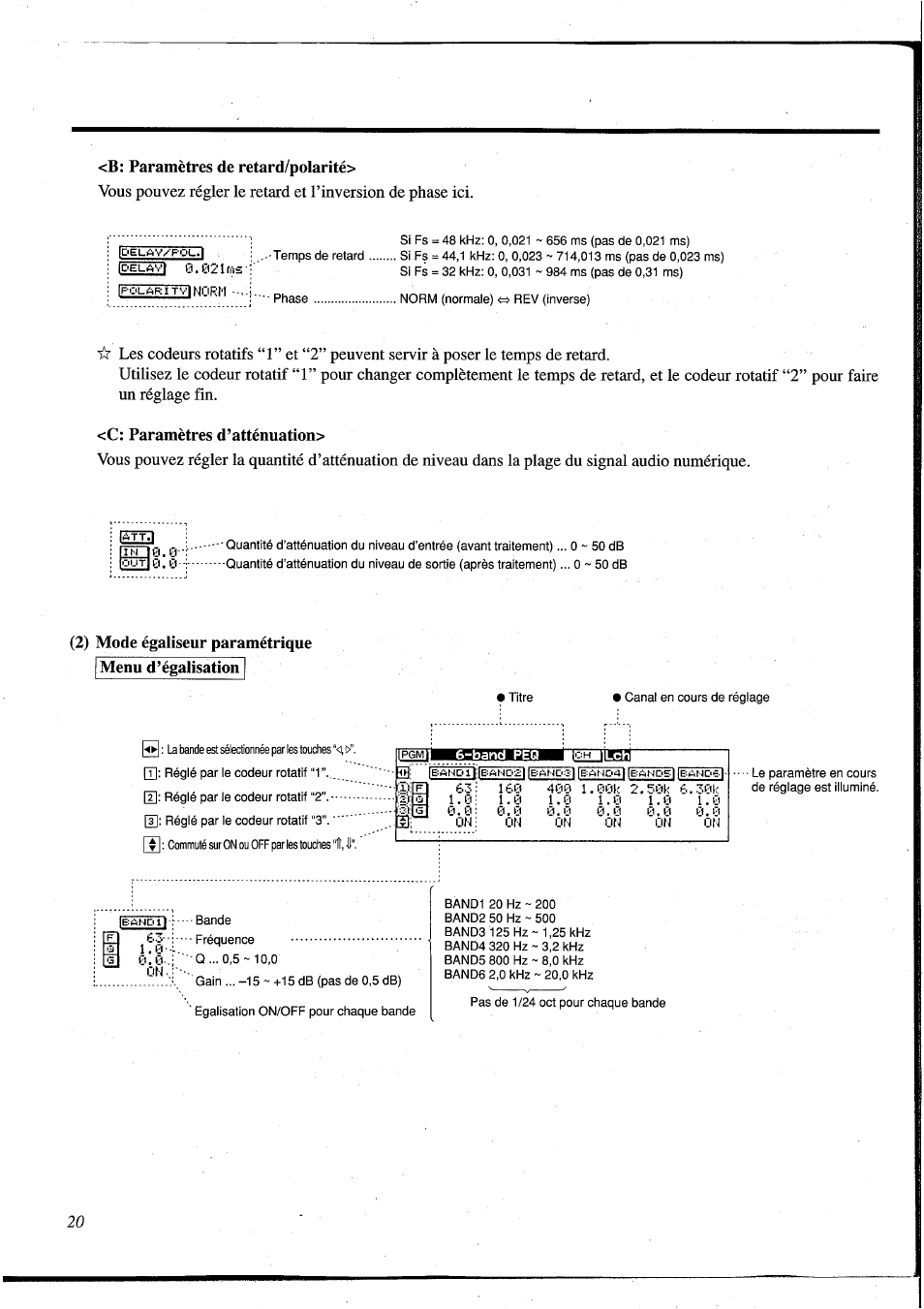 B: paramètres de retard/polarlté, C: paramètres d’atténuation, 2) mode égaliseur paramétrique | 353ü1dcb51, Mode égaliseur paramétrique), 2) mode égaliseur paramétrique menu d’égalisation, V3. fvr 0.0 | Yamaha DEQ5 User Manual | Page 87 / 191