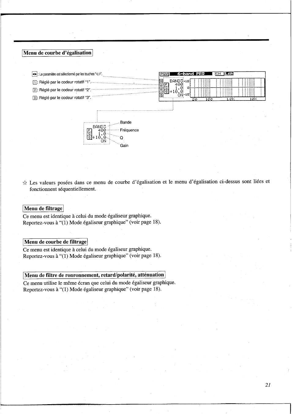 Menu de courbe d’égalisation, Menu de fîltrage, Menu de courbe de filtrage | Yamaha DEQ5 User Manual | Page 88 / 191