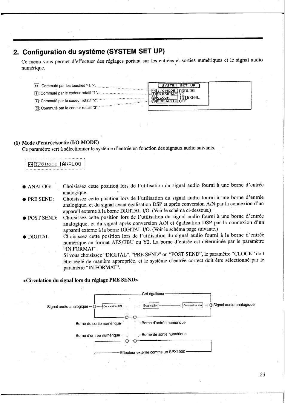 Configuration du système (system set up), 1) mode d’entrée/sortie (i/o mode), Circulation du signal lors du réglage pre send | Yamaha DEQ5 User Manual | Page 90 / 191
