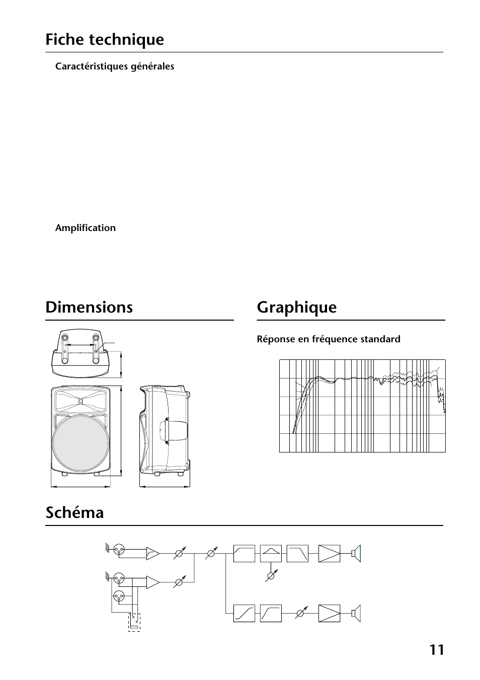 Fiche technique, Caractéristiques générales, Amplification | Dimensions, Graphique, Schéma, Dimensions graphique, Réponse en fréquence standard | Yamaha MS400 User Manual | Page 11 / 24