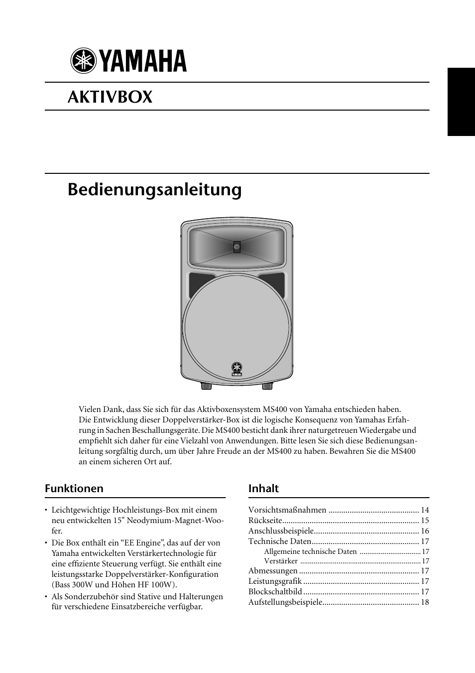 Deutsch, Ms400, Aktivbox | Bedienungsanleitung | Yamaha MS400 User Manual | Page 13 / 24