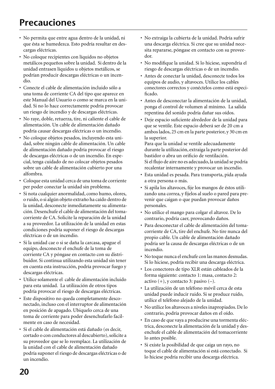 Precauciones | Yamaha MS400 User Manual | Page 20 / 24