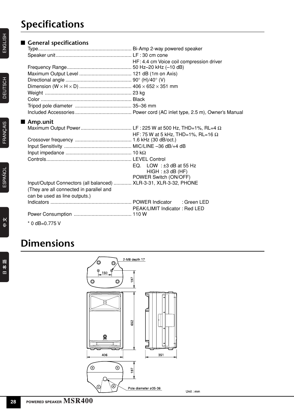 Specifications, Dimensions | Yamaha MSR400 User Manual | Page 6 / 10