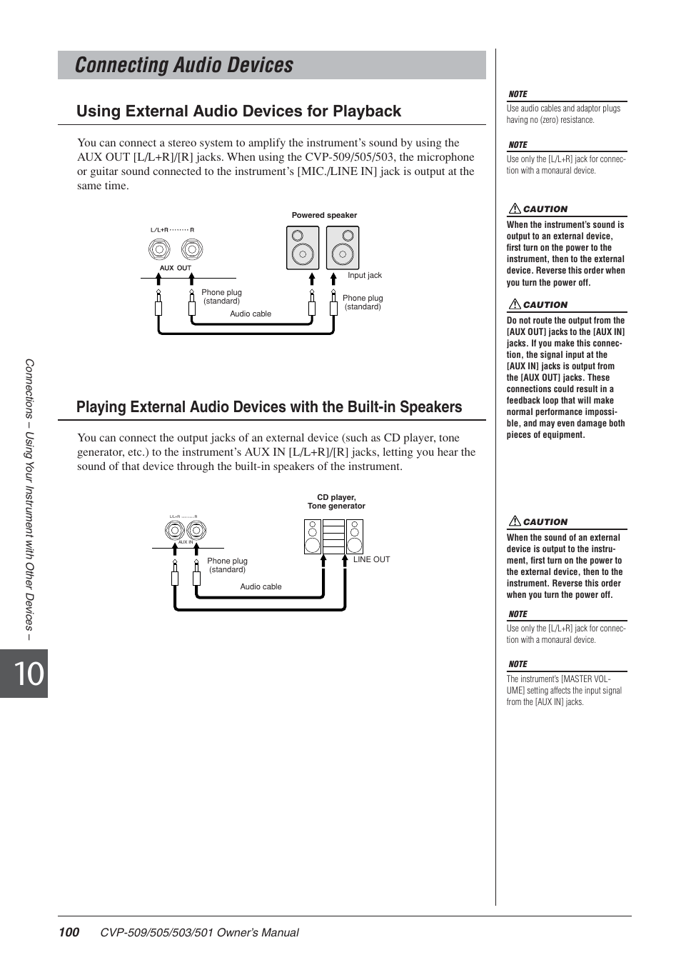 Connecting audio devices | Yamaha CLAVINOVA CVP-505 User Manual | Page 100 / 138