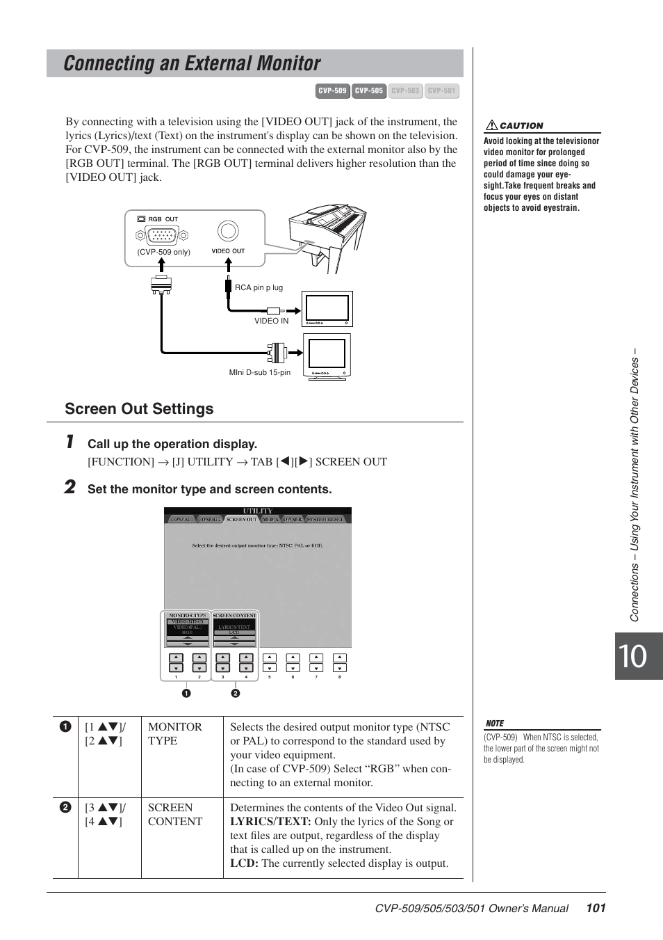 Connecting an external monitor, Screen out settings | Yamaha CLAVINOVA CVP-505 User Manual | Page 101 / 138