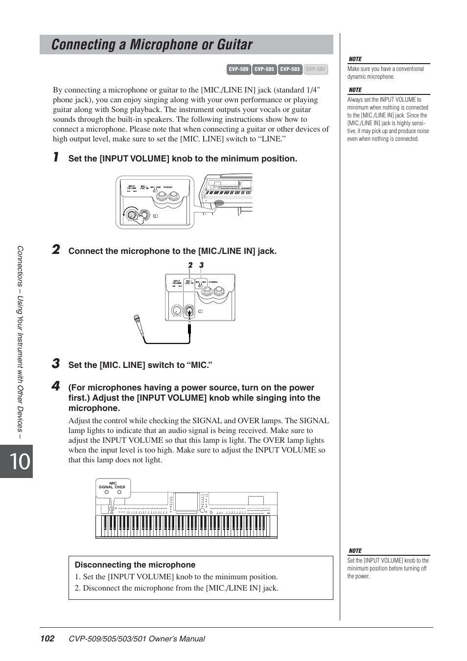 Connecting a microphone or guitar | Yamaha CLAVINOVA CVP-505 User Manual | Page 102 / 138