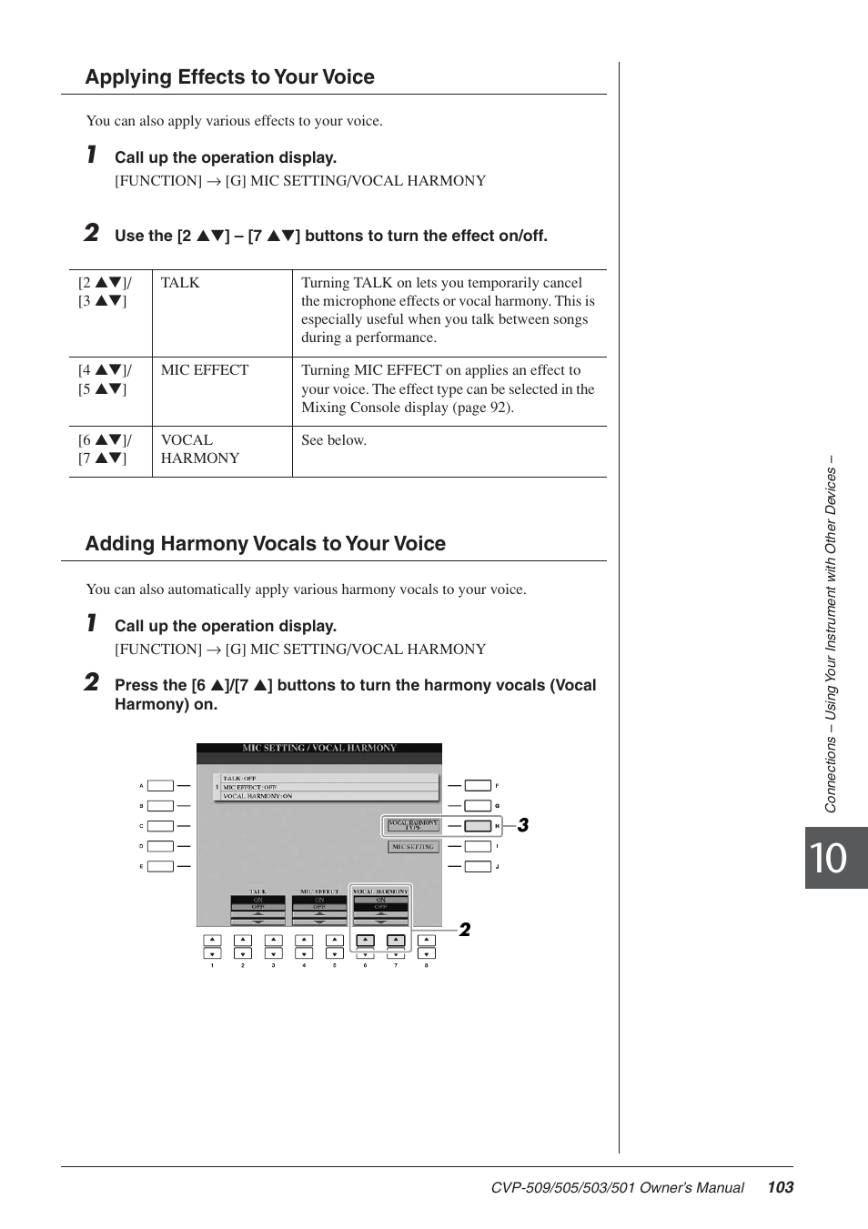 Applying effects to your voice, Adding harmony vocals to your voice | Yamaha CLAVINOVA CVP-505 User Manual | Page 103 / 138