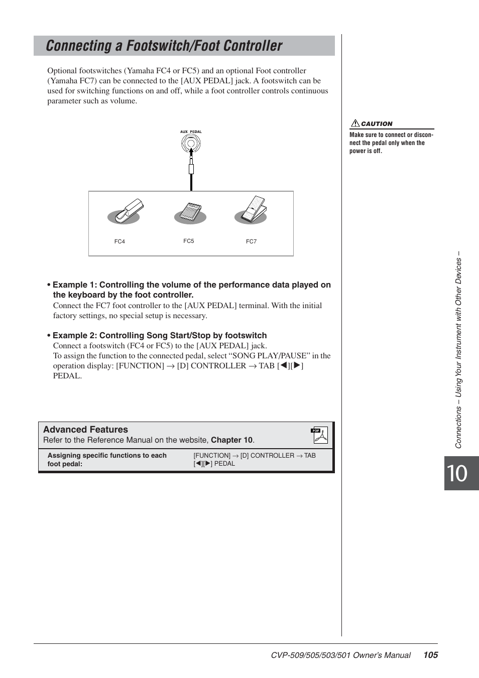 Connecting a footswitch/foot controller | Yamaha CLAVINOVA CVP-505 User Manual | Page 105 / 138