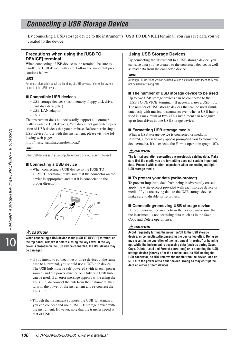 Connecting a usb storage device | Yamaha CLAVINOVA CVP-505 User Manual | Page 106 / 138