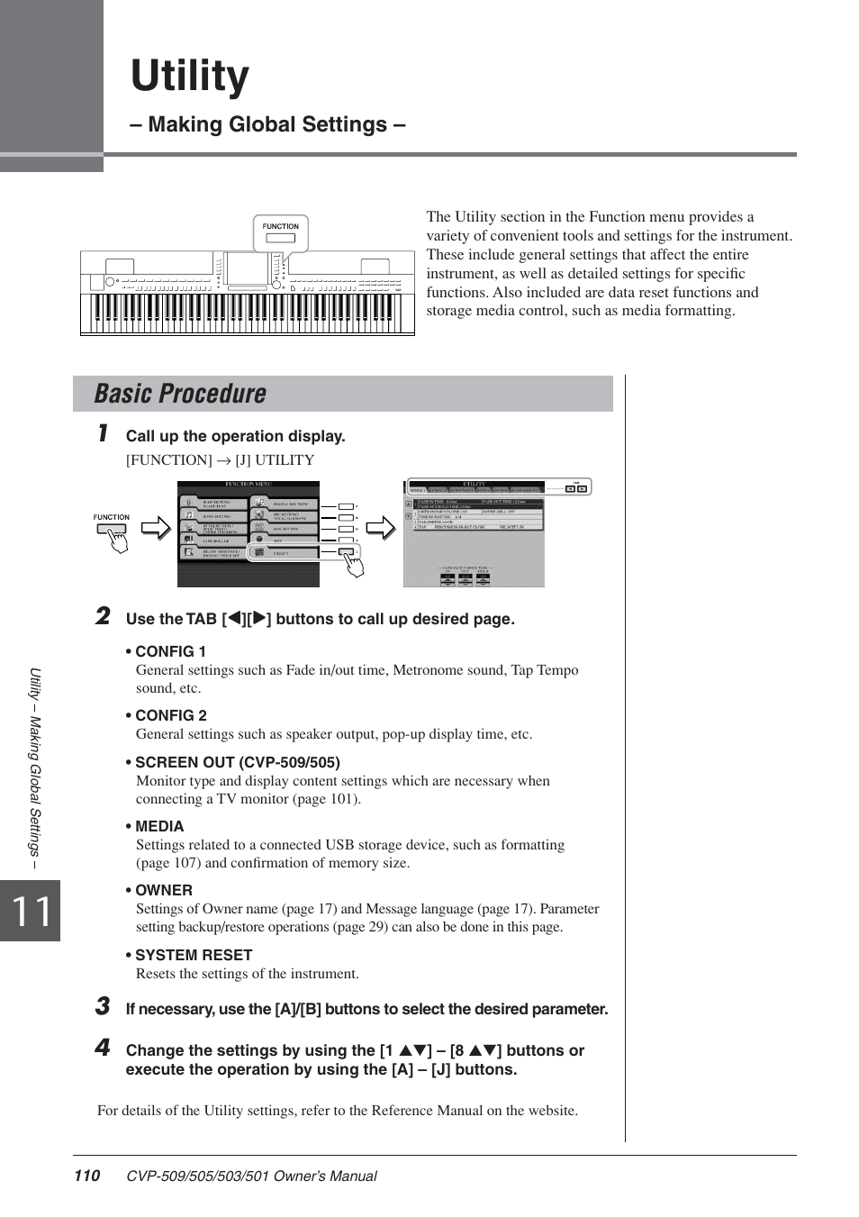 Utility - making global settings, Basic procedure, 11 utility – making global settings | Utility, Making global settings | Yamaha CLAVINOVA CVP-505 User Manual | Page 110 / 138