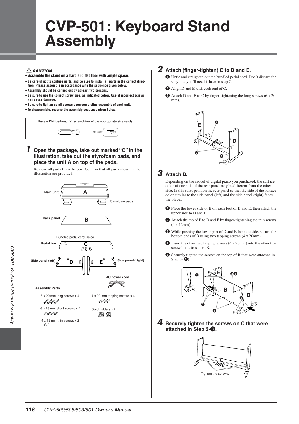 Cvp-501: keyboard stand assembly | Yamaha CLAVINOVA CVP-505 User Manual | Page 116 / 138