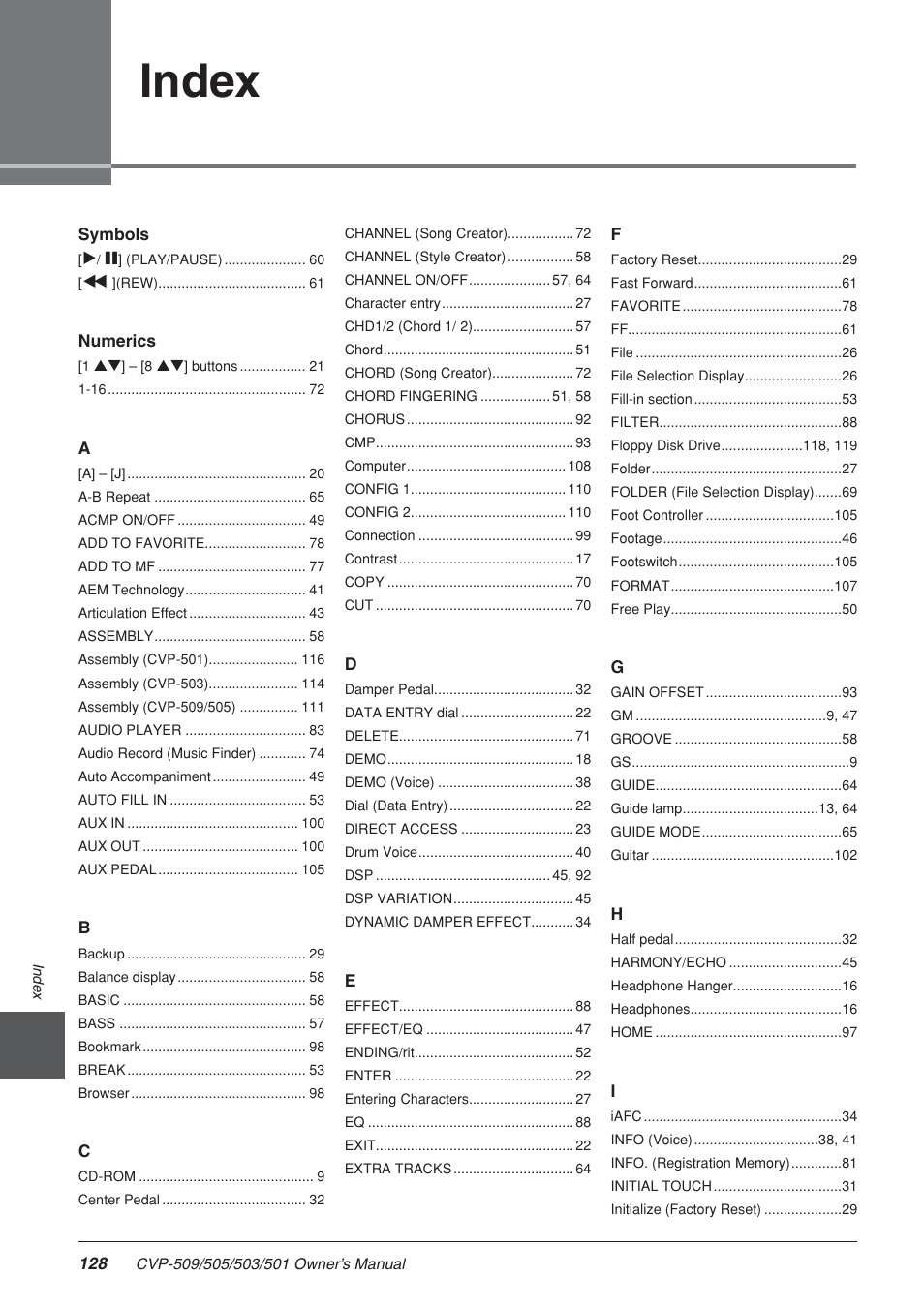 Index | Yamaha CLAVINOVA CVP-505 User Manual | Page 128 / 138