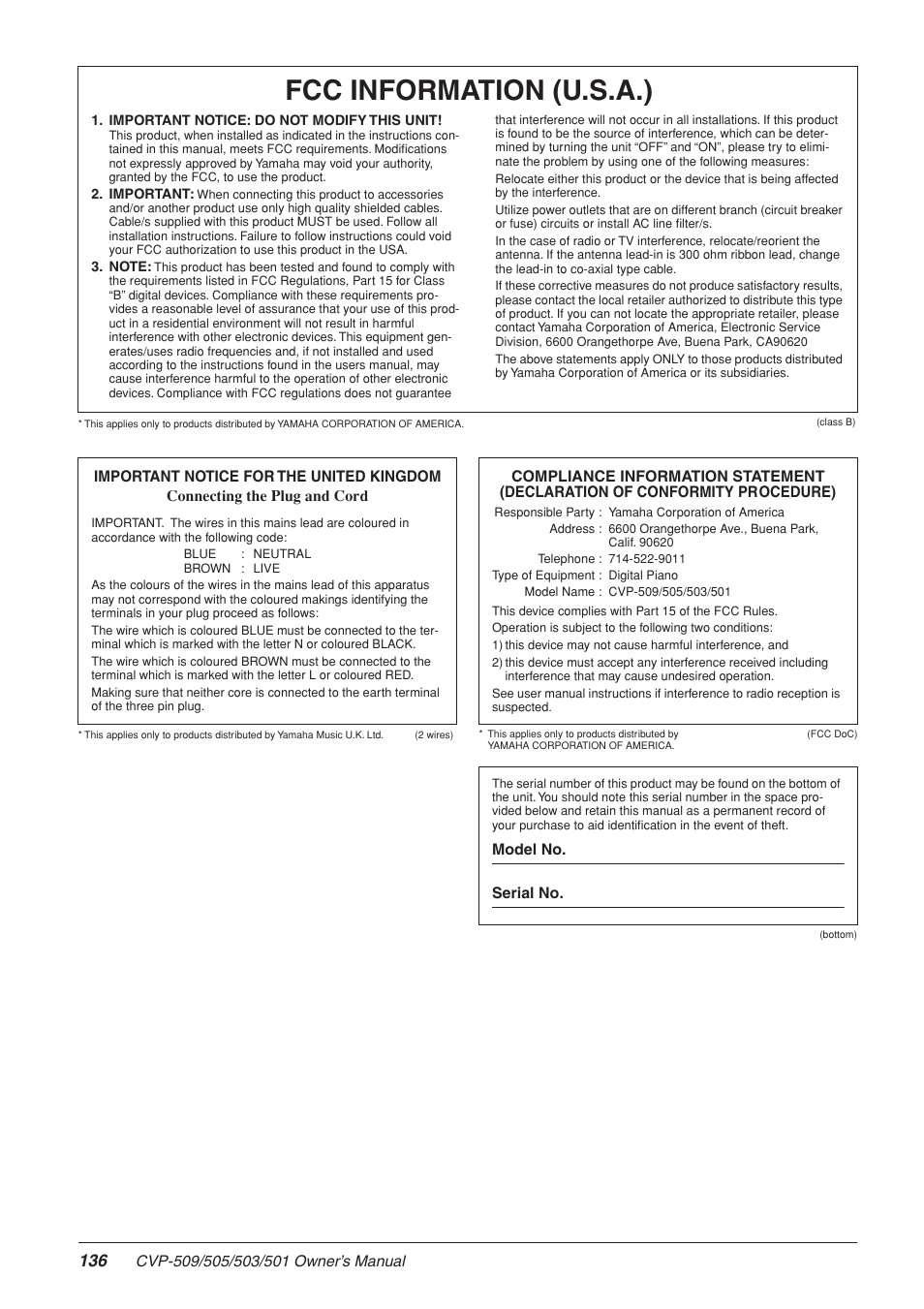 Fcc information (u.s.a.) | Yamaha CLAVINOVA CVP-505 User Manual | Page 136 / 138