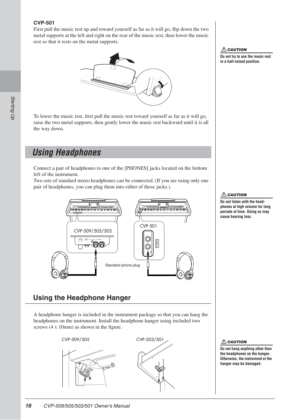 Using headphones, Using the headphone hanger | Yamaha CLAVINOVA CVP-505 User Manual | Page 16 / 138