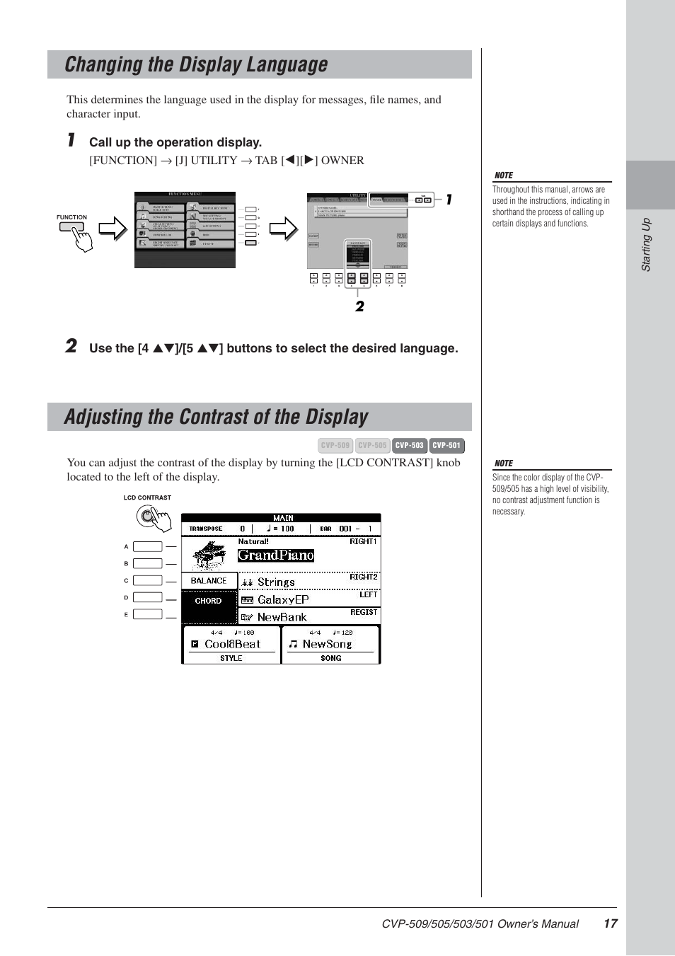 Changing the display language, Adjusting the contrast of the display | Yamaha CLAVINOVA CVP-505 User Manual | Page 17 / 138