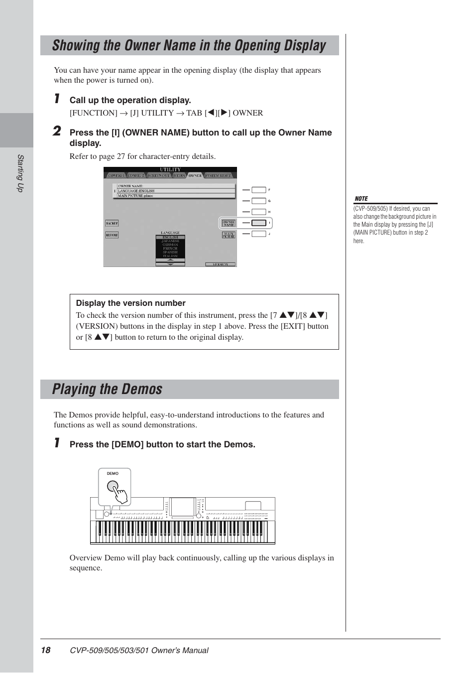 Showing the owner name in the opening display, Playing the demos | Yamaha CLAVINOVA CVP-505 User Manual | Page 18 / 138