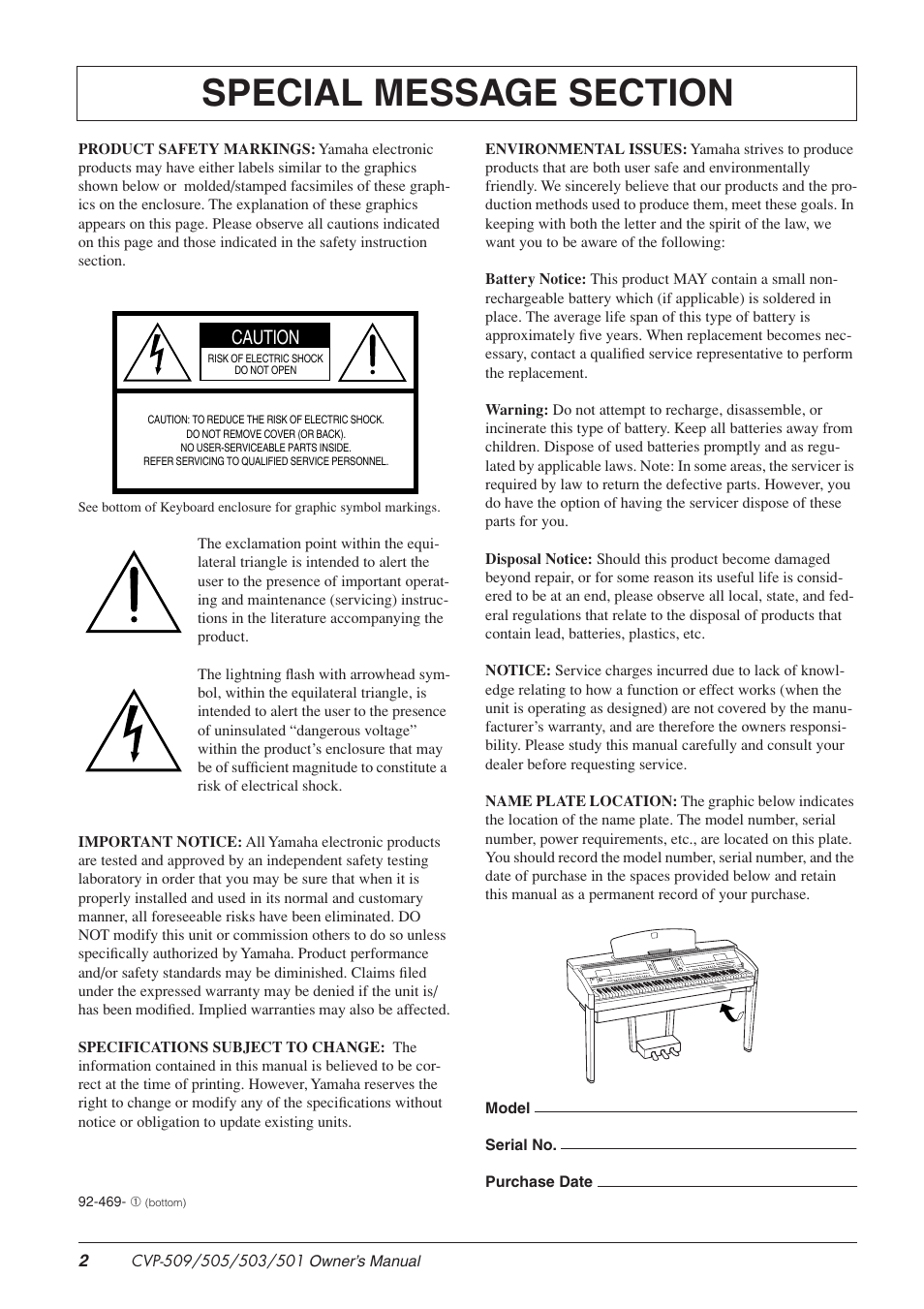 Caution | Yamaha CLAVINOVA CVP-505 User Manual | Page 2 / 138