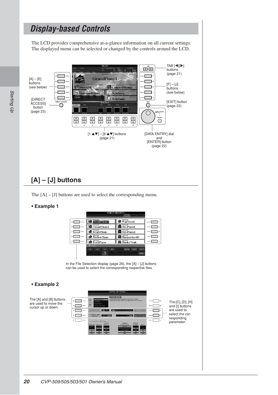 Display-based controls, A] – [j] buttons | Yamaha CLAVINOVA CVP-505 User Manual | Page 20 / 138