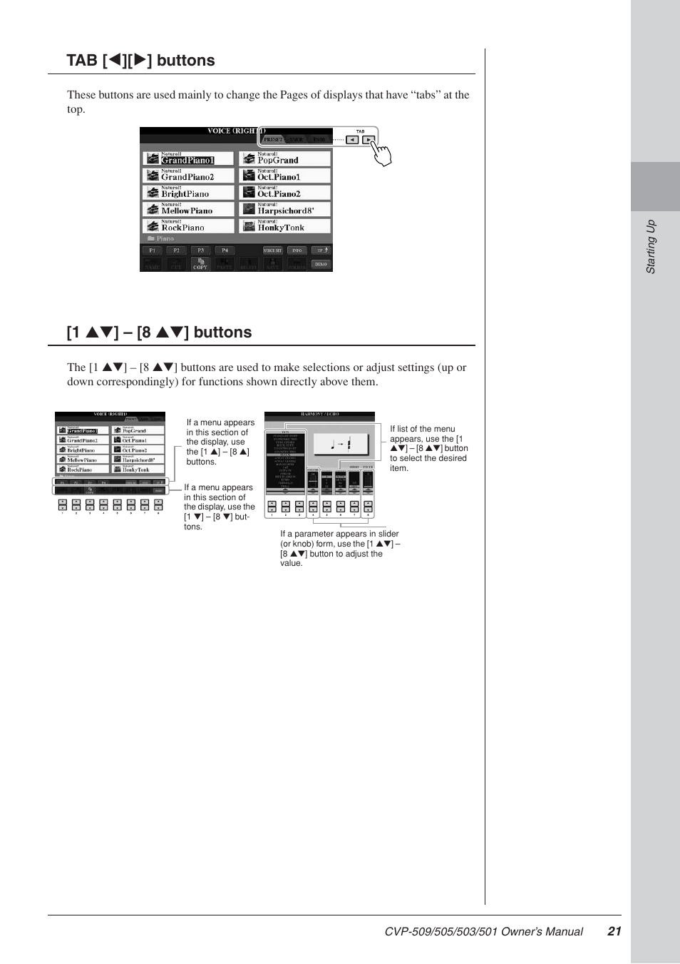8 ▲▼] b, Tab [ e ][ f ] buttons [1 ▲▼ ] – [8 ▲▼ ] buttons | Yamaha CLAVINOVA CVP-505 User Manual | Page 21 / 138