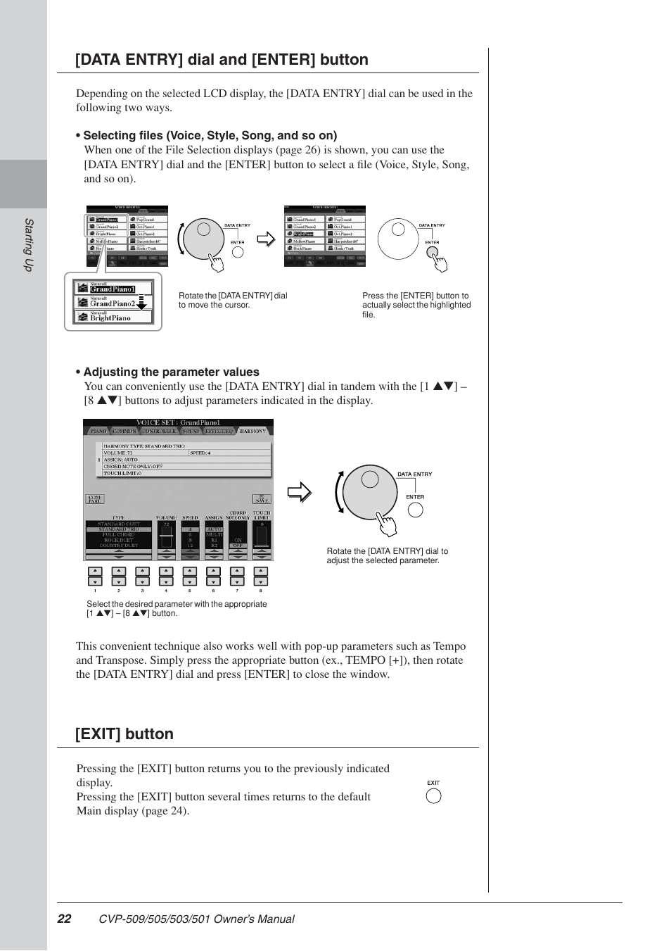 Enter] button, Data entry] dial and [enter] button [exit] button | Yamaha CLAVINOVA CVP-505 User Manual | Page 22 / 138