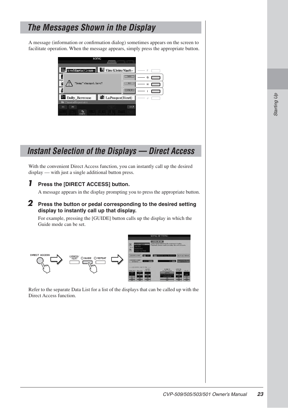 The messages shown in the display, Instant selection of the displays - direct access, Button | Yamaha CLAVINOVA CVP-505 User Manual | Page 23 / 138