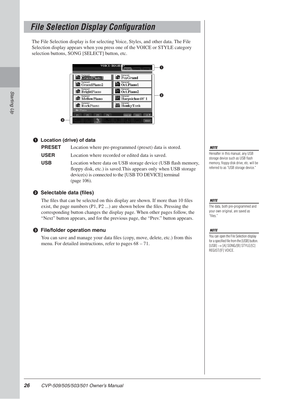 File selection display configuration, Can be used to select the corresponding respectiv | Yamaha CLAVINOVA CVP-505 User Manual | Page 26 / 138