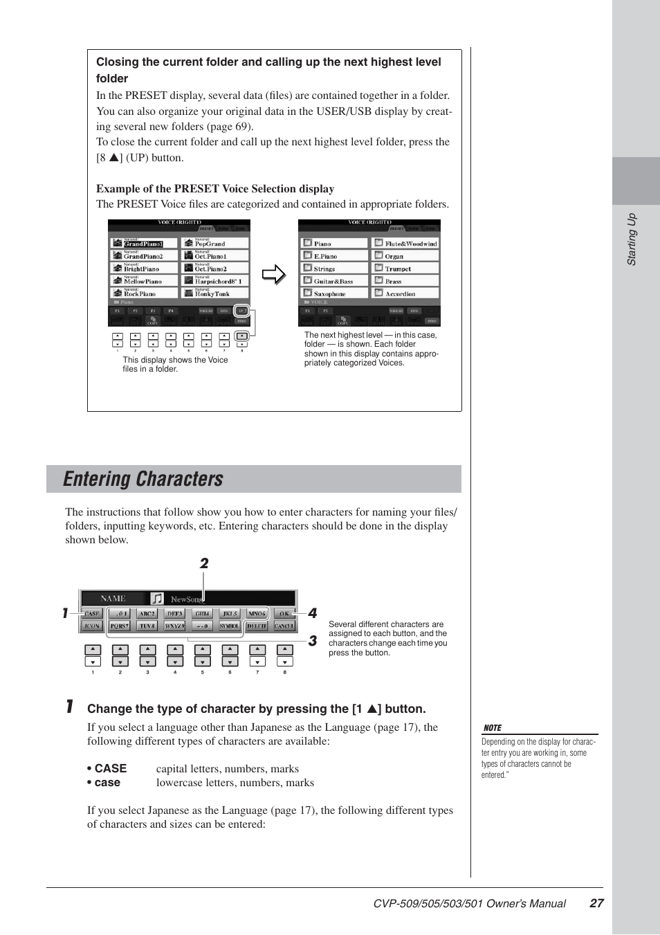 Entering characters | Yamaha CLAVINOVA CVP-505 User Manual | Page 27 / 138
