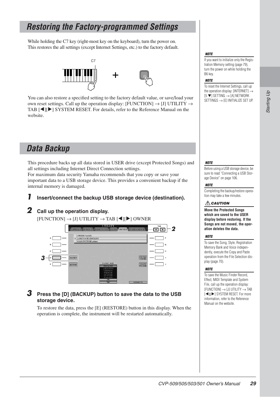 Restoring the factory-programmed settings, Data backup | Yamaha CLAVINOVA CVP-505 User Manual | Page 29 / 138