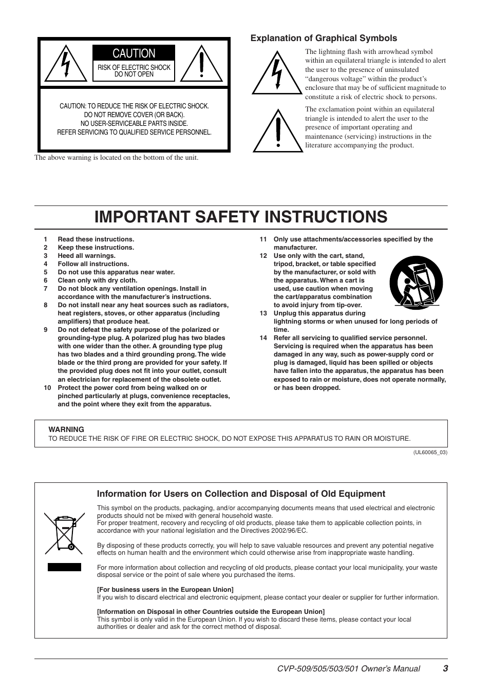 Important safety instructions, Caution, Explanation of graphical symbols | Yamaha CLAVINOVA CVP-505 User Manual | Page 3 / 138