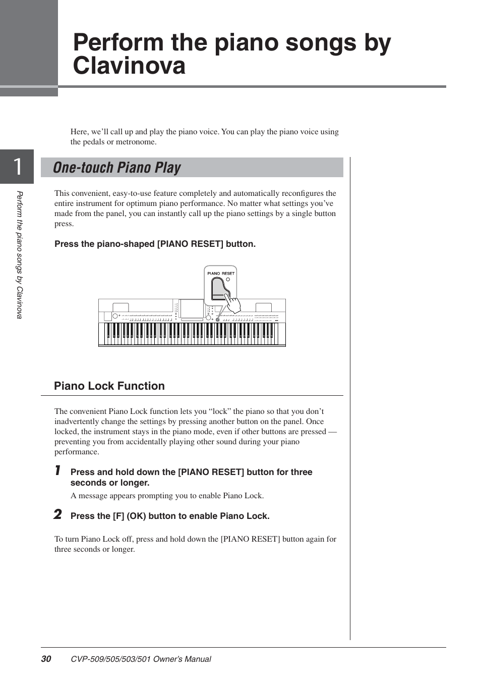 Perform the piano songs by clavinova, One-touch piano play, 1 perform the piano songs by clavinova | Yamaha CLAVINOVA CVP-505 User Manual | Page 30 / 138