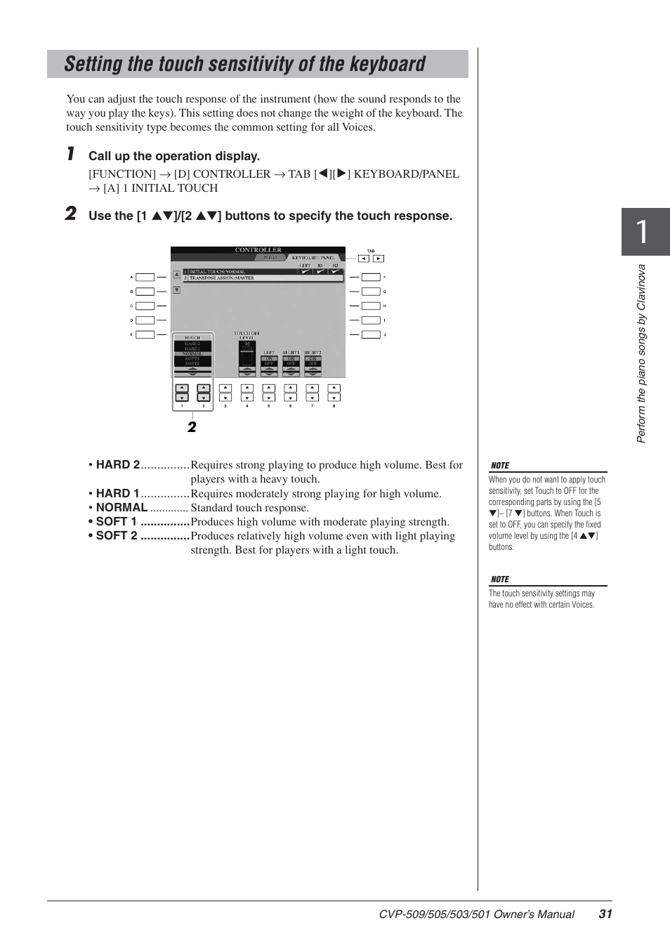 Setting the touch sensitivity of the keyboard | Yamaha CLAVINOVA CVP-505 User Manual | Page 31 / 138